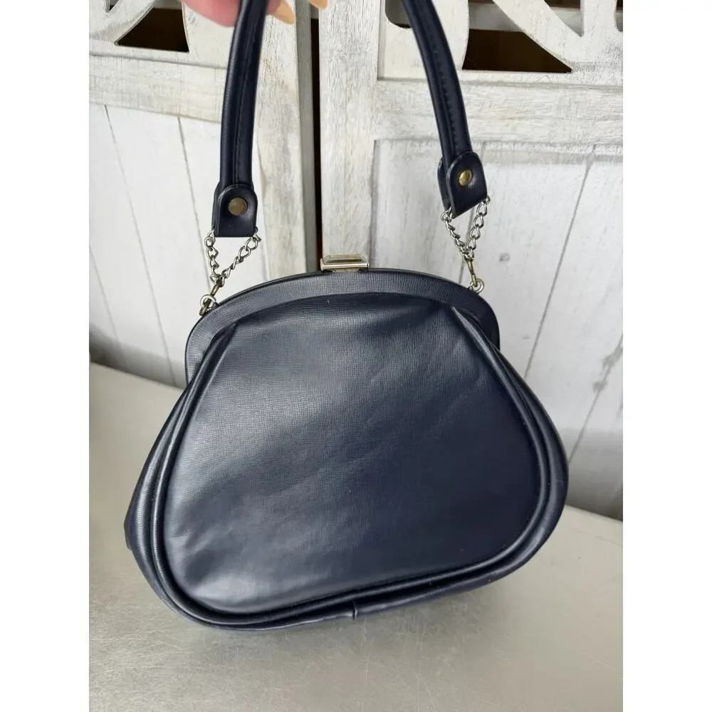 Vintage 1960s Navy Purse Bag Snap Frame Faux Leather Hollywood Glam